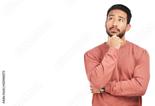 Thinking, face and asian man with decision on isolated, transparent and png background. Why, questions and male person with doubt emoji for choice, consider or confused by solution or problem solving photo