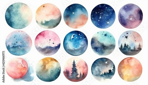 Watercolor Galaxy set on isolated white background