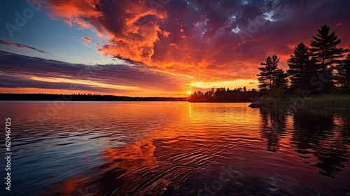 Minnesota Lake Sunset Overlooking Peaceful Waters with Beautiful Sky and Clouds in the Background. Generative AI