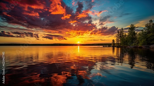 Minnesota Lake Sunset. Breathtaking Sky and Water Colors Reflecting the Setting Sun: Generative AI