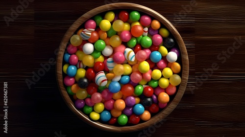 a bowl of candy on a wood surface