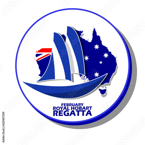 Sailboat icon with Australia country map on circle board, with bold text on white background to commemorate Royal Hobart Regatta Australia on February