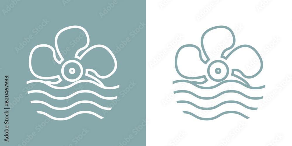 Logo Nautical. Hélice de motor de barco lineal con olas de mar	