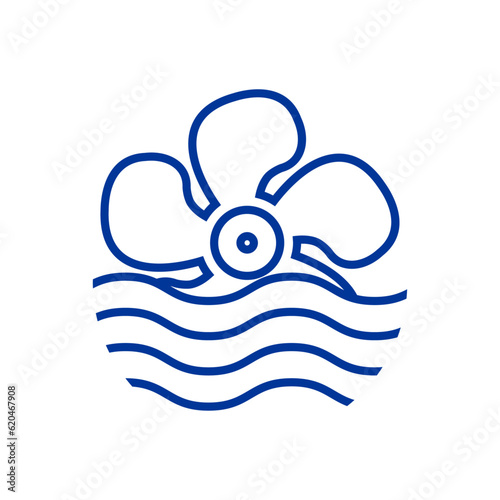 Logo Nautical. Hélice de motor de barco lineal con olas de mar	