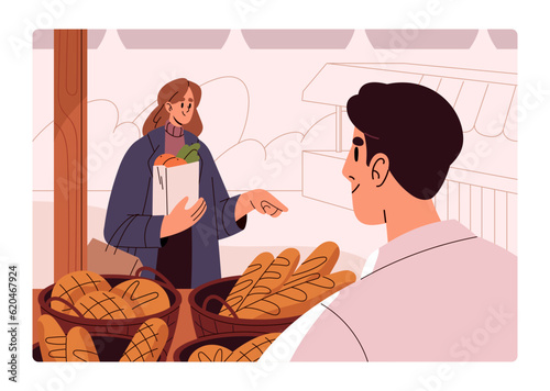Customer buying bakery, fresh bread and baguette at bakehouse stall, street kiosk. Woman client buyer and vendor selling baked food, standing behind counter at marketplace. Flat vector illustration