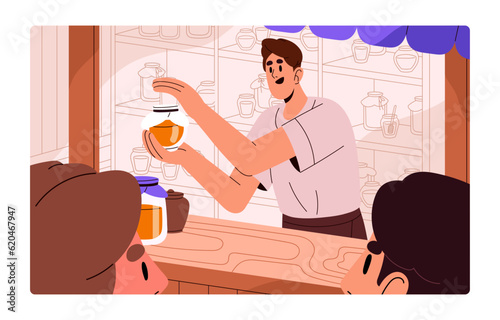Vendor selling honey in jar at local market, organic homemade products fair. Beekeeper seller standing behind counter, stall at marketplace. Apiarists small business. Flat vector illustration
