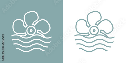 Logo Nautical. Hélice de motor de barco lineal con olas de mar	