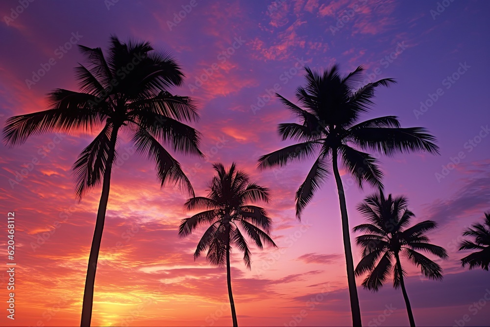 Romantic Sky At Dawn: Silhouette of Palm Trees under the Mesmerizing Zanzibar Sky at Dawn in East Tanzania: Generative AI