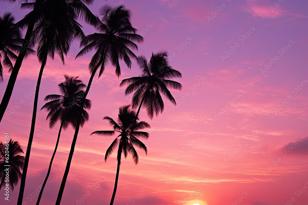 Silhouette of Palm Trees under the Romantic Sky at Dawn in Zanzibar, Tanzania. Eastern Africa Scenery. Generative AI