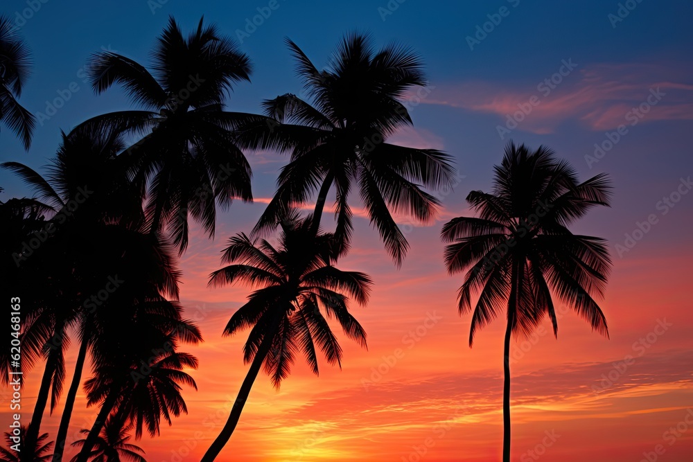 Obraz premium Silhouettes of Palm Trees under Romantic Sky at Dawn in Zanzibar, Tanzania - East African Paradise. Generative AI