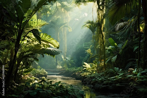 Serene Morning in a Beautiful Jungle Garden - A Verdant Tropical Paradise with Lush Trees and Palms in Stunning Green Landscape: Generative AI © Web