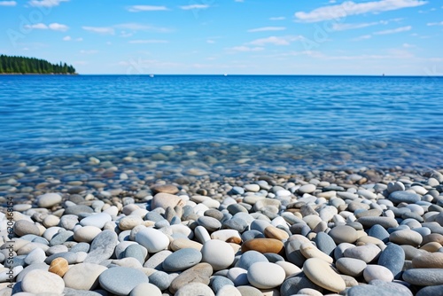 Serene Stone Beach with Pebble Ocean Background and a Majestic Horizon Beyond the Glorious Sky and Water: Generative AI