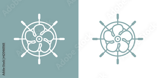 Logo Nautical. Hélice de motor en timón de barco lineal 