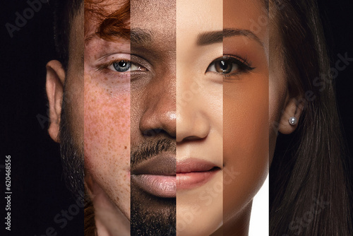 Leinwand Poster Human face made from different portrait of men and women of diverse age and race