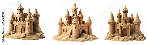 A set of three types of sand castles. Summer and beach design elements, sand castles, side view. Sand castles on the beach. Isolated on transparent background. KI.