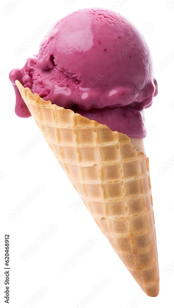 Berry, purple ice cream in a triangular waffle cone. Isolated on transparent background. KI.
