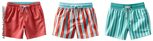 A set of three types of men's beach swimming trunks. Swimming trunks summer and beach design elements, side/top view. Multicolored beach shorts. Isolated on transparent background. KI.