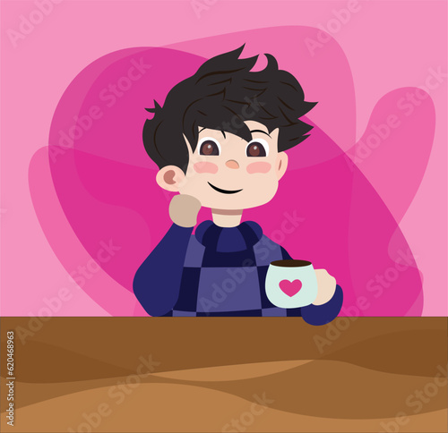 Cute Cartoon boy drinking and enjoying his coffee loving his vibes  smiling expressively sitting while thinking