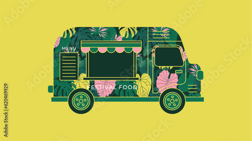 Jungle food truck a playful and colorful illustration of a vintage van adorned with lush tropical leaves.
