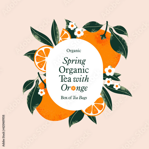 Label design template features fresh oranges, vibrant leaves, and delicate flowers, creating a wholesome and natural look that is perfect for packaging