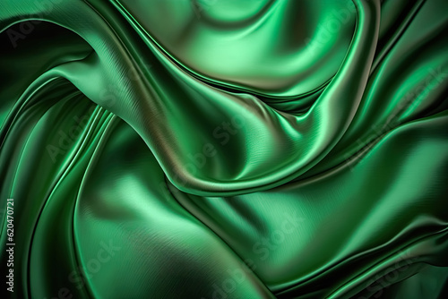 Green iridescent abstract shiny plastic silk or satin wavy background. Generative AI.