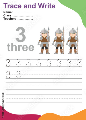 Number three tracing practice worksheet with three kingdom guards for kids learning to count and to write. Vector Illustration. Exercise for children to recognize the number.