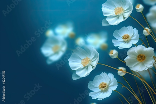 Abstract White Buttercups with Cyan Background.