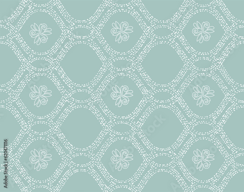 Floral vector ornament. Seamless abstract classic dotted light blue and white background with flowers. Pattern with repeating floral elements. Ornament for wallpaper and packaging