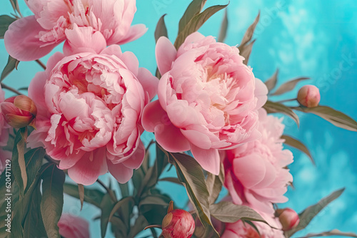 Abstract Pink Peonies with Cyan Background.