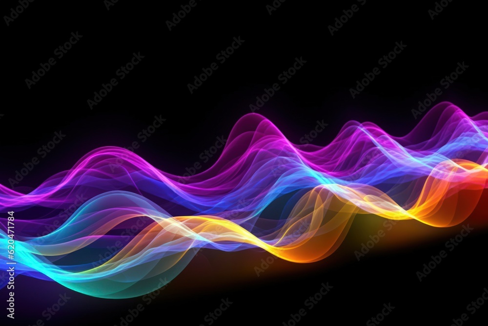 Visualization of sound waves. Abstract futuristic background with colorful glowing neon moving high speed wave lines and bokeh lights. Data transfer concept. Fantastic wallpaper. Generative AI Visualization of sound waves. Abstract futuristic background with colorful glowing neon moving high speed wave lines and bokeh lights. Data transfer concept. Fantastic wallpaper. Generative AI