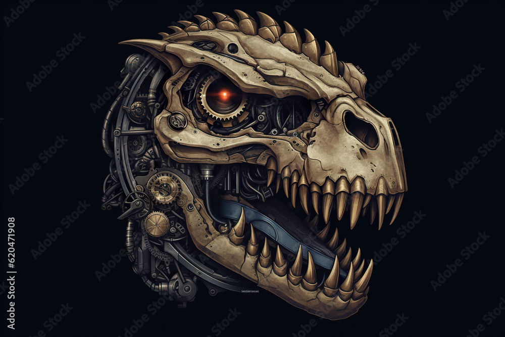 A close up of a dinosaur skull with a red eye. Generative AI. A close up of a dinosaur skull with a red eye. Generative AI.