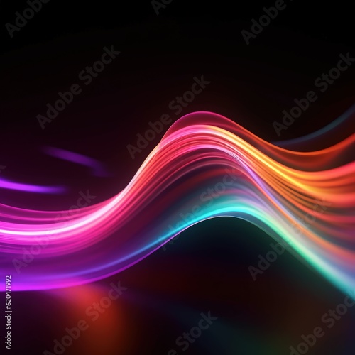 Visualization of sound waves. Abstract futuristic background with colorful glowing neon moving high speed wave lines and bokeh lights. Data transfer concept. Fantastic wallpaper. Generative AI