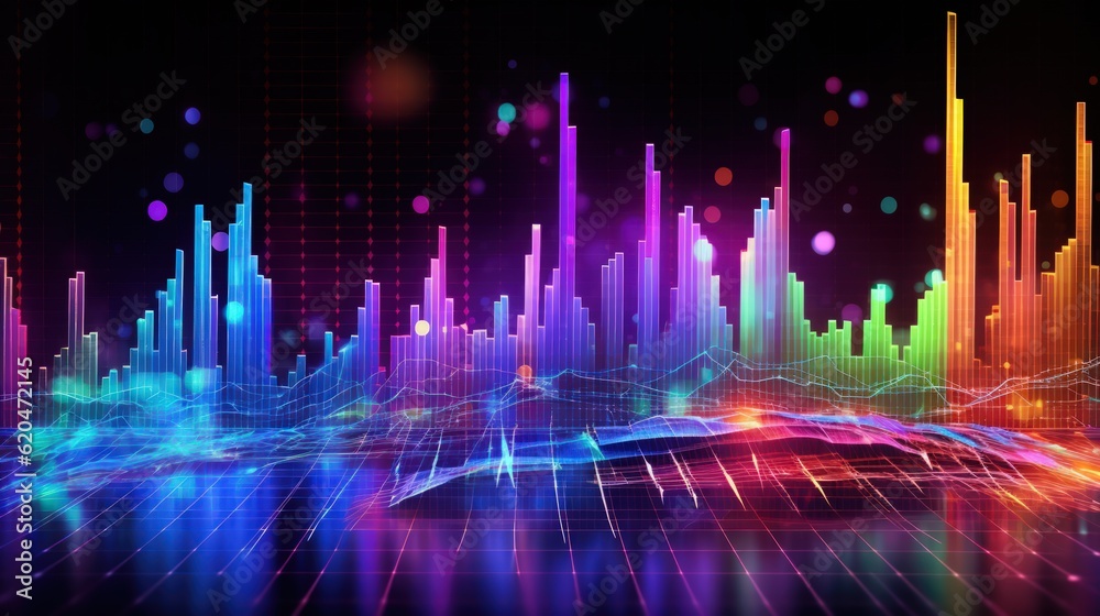 Visualization of sound waves. Abstract futuristic background with colorful glowing neon moving high speed wave lines and bokeh lights. Data transfer concept. Fantastic wallpaper. Generative AI