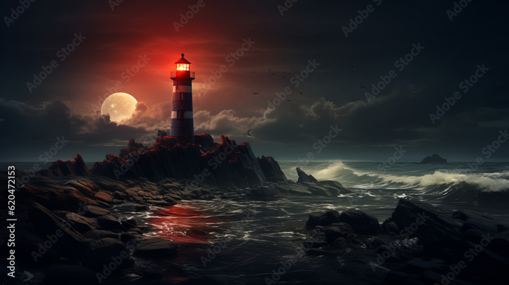 Twilight's Embrace: A Dark Surrealism of Lighthouse and Moon at Ocean Sunrise
