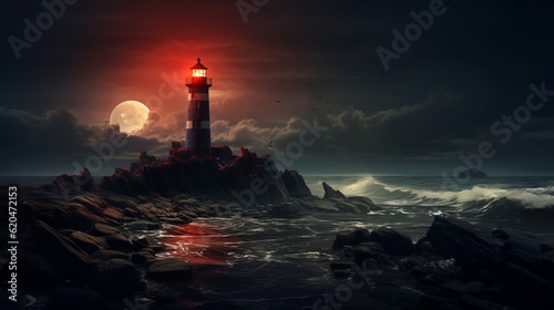 Twilight's Embrace: A Dark Surrealism of Lighthouse and Moon at Ocean Sunrise