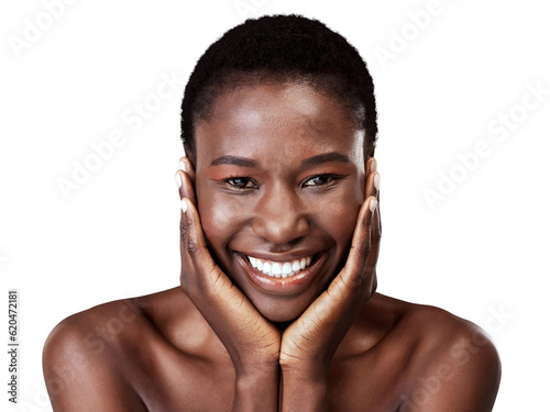 Face, skincare touch and black woman smile isolated on a transparent png background. Natural beauty, cosmetics and portrait of model with spa facial treatment for aesthetic, wellness and healthy skin