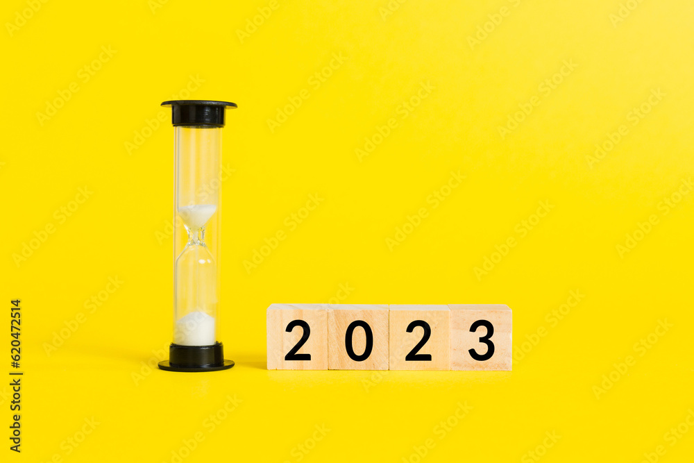 New Year 2023 sand timer. Resolution, time, plan, goal, motivation