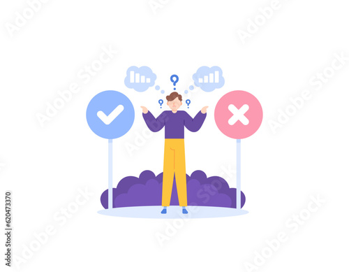 determine whether to choose yes or no. choice and risk. a businessman confusion to choose the option. hesitate to make a decision. tick and cross. illustration concept design. vector elements