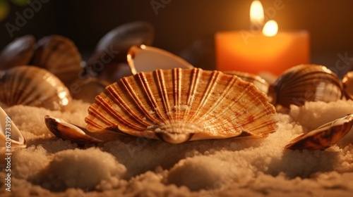 Coquilles Saint-Jacques in a seashell, placed on a bed of rock salt beside slices of fresh baguette