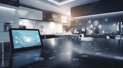 Internet of Things  IoT  concept of controlling kitchen appliances with IoT technology. Smart home  connected devices  automation  Generated AI