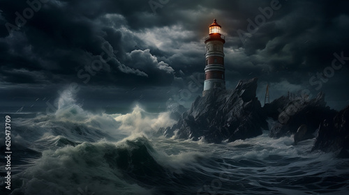 Nocturnal Beacon: Surrealistic Fantasy of an Elegant Lighthouse in Majestic Stormy Seascapes