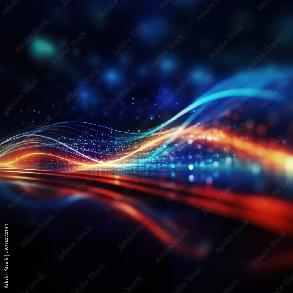 Visualization of sound waves. Abstract futuristic background with colorful glowing neon moving high speed wave lines and bokeh lights. Data transfer concept. Fantastic wallpaper. Generative AI Visualization of sound waves. Abstract futuristic background with colorful glowing neon moving high speed wave lines and bokeh lights. Data transfer concept. Fantastic wallpaper. Generative AI