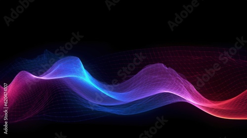 Visualization of sound waves. Abstract futuristic background with colorful glowing neon moving high speed wave lines and bokeh lights. Data transfer concept. Fantastic wallpaper. Generative AI