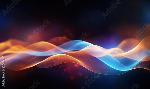 Visualization of sound waves. Abstract futuristic background with colorful glowing neon moving high speed wave lines and bokeh lights. Data transfer concept. Fantastic wallpaper. Generative AI