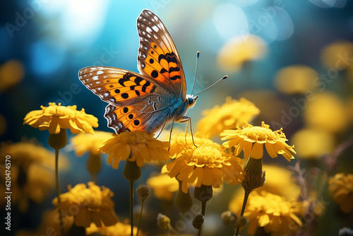 Beautiful Butterfly Insect Alight on Yellow Flowers with Nature Background in Bright Day