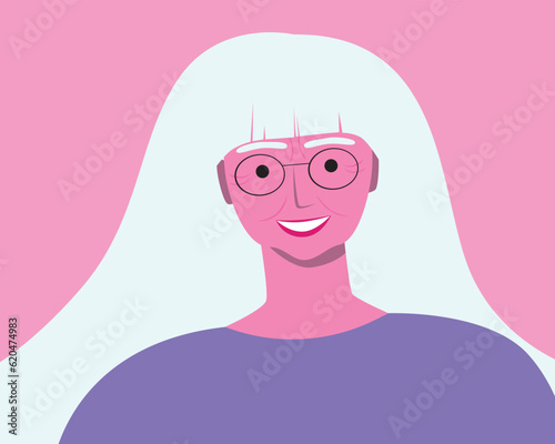 Natural elderly woman with gray hair wearing glasses as mental health concept, flat vector stock illustration