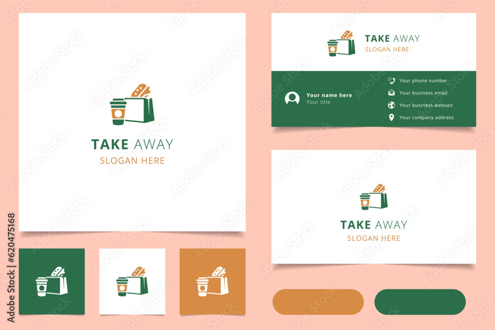 Take away logo design with editable slogan. Branding book and business card template.