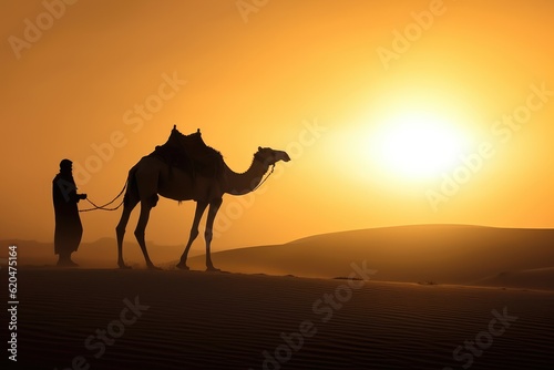 Silhouette man wearing traditional clothes  taking a camel out on the desert sand. Generative AI