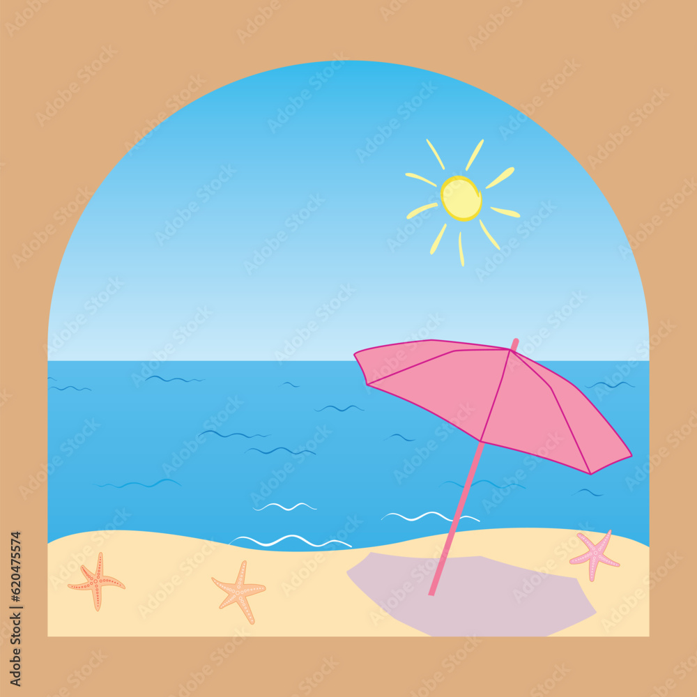 beige arch with sea beach and umbrella - vector summer illustration for vacation