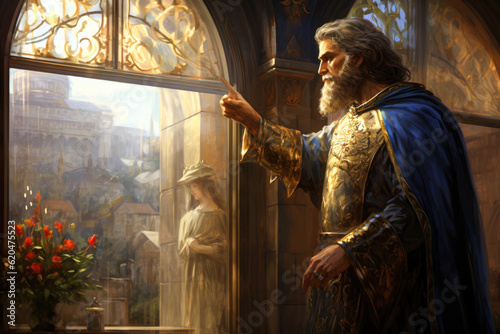 Illustration of King David standing and dress with royal clothes in his palace next to a window Generative AI photo